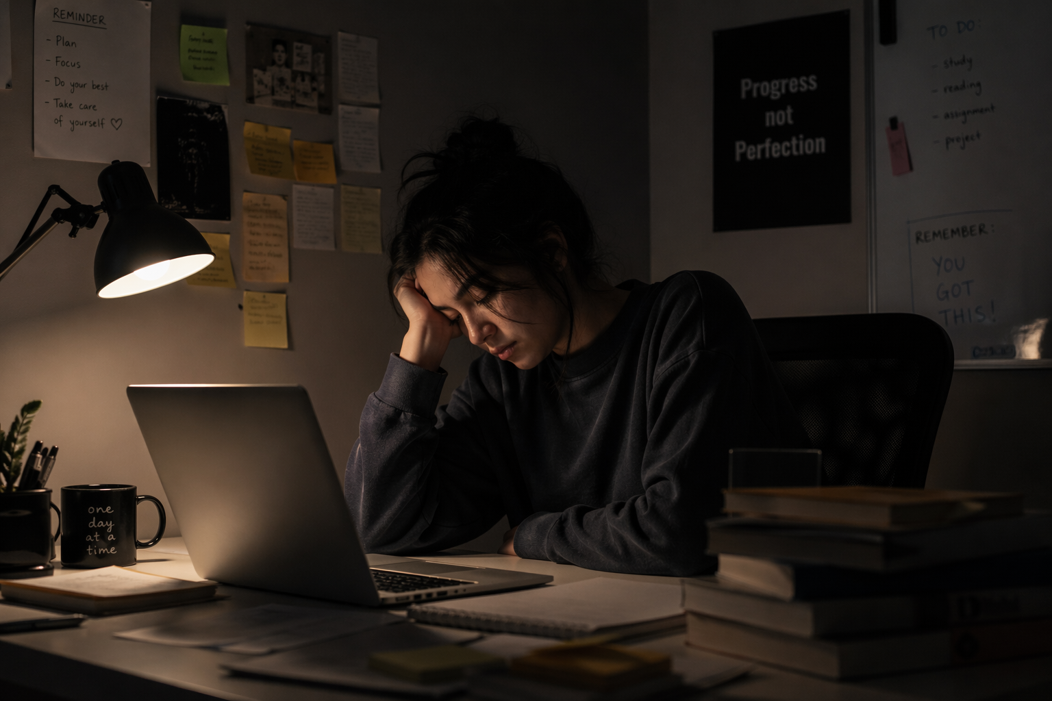Person experiencing silent burnout while working quietly at desk, showing emotional exhaustion and mental fatigue