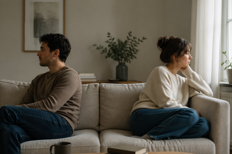 Two people sitting apart in silence representing outgrowing relationships grief and emotional distance