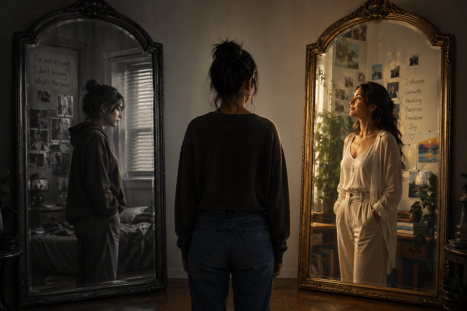 Person reflecting on identity gap psychology showing transition between past self and evolving identity