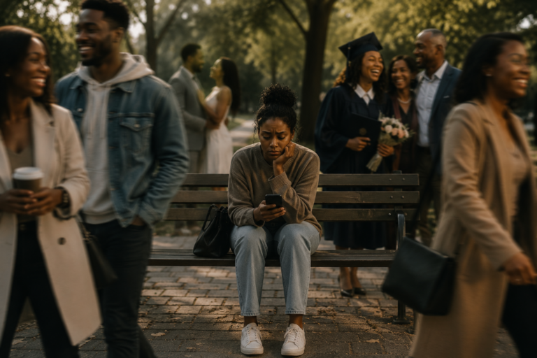 A person sitting alone looking at a phone feeling left behind, representing the weight of social comparison anxiety and cognitive distortion