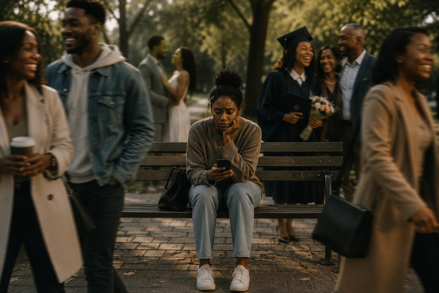 A person sitting alone looking at a phone feeling left behind, representing the weight of social comparison anxiety and cognitive distortion