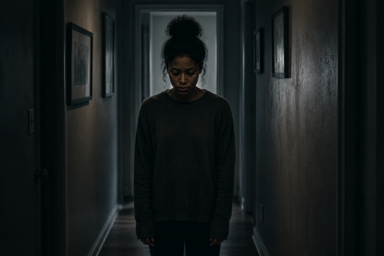 A person standing frozen and silent in a dim hallway representing freeze response anxiety and nervous system shutdown under stress