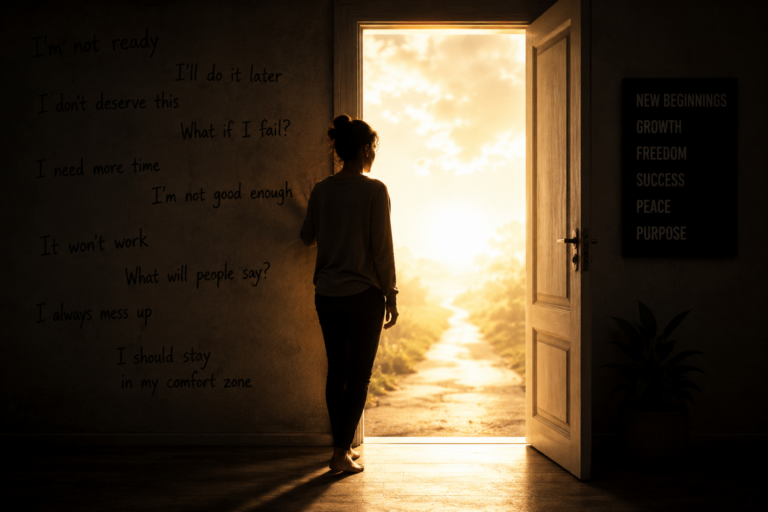 A person hesitating at a bright open doorway representing self-sabotage and fear of success at the threshold of positive change