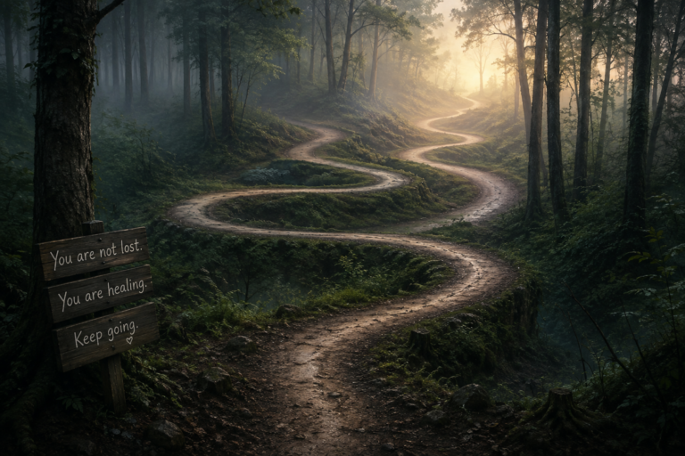 A winding forest path curving back on itself before opening into light, representing the non-linear healing process and the unexpected shape of recover