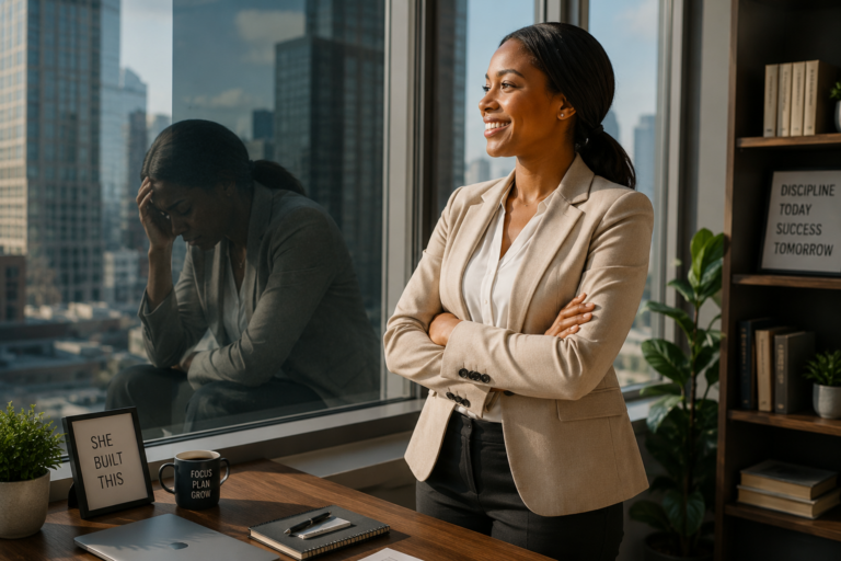 A person smiling outwardly while their reflection reveals exhaustion, representing emotional masking and high-functioning depression hidden behind a composed exterior