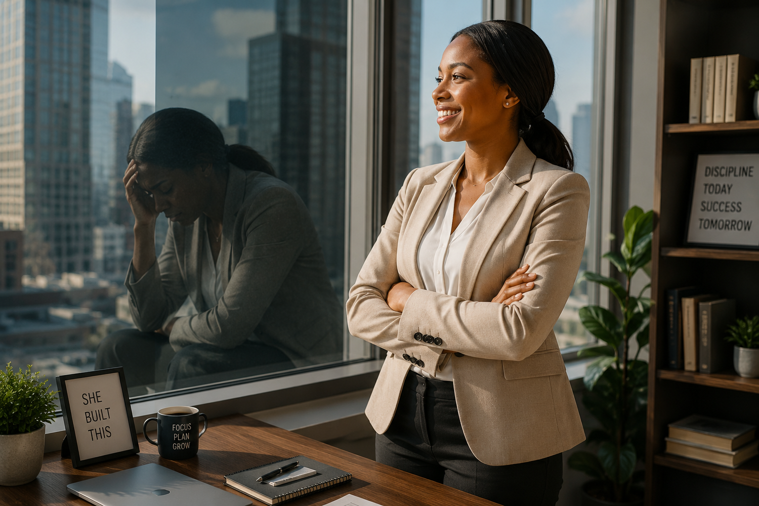 A person smiling outwardly while their reflection reveals exhaustion, representing emotional masking and high-functioning depression hidden behind a composed exterior