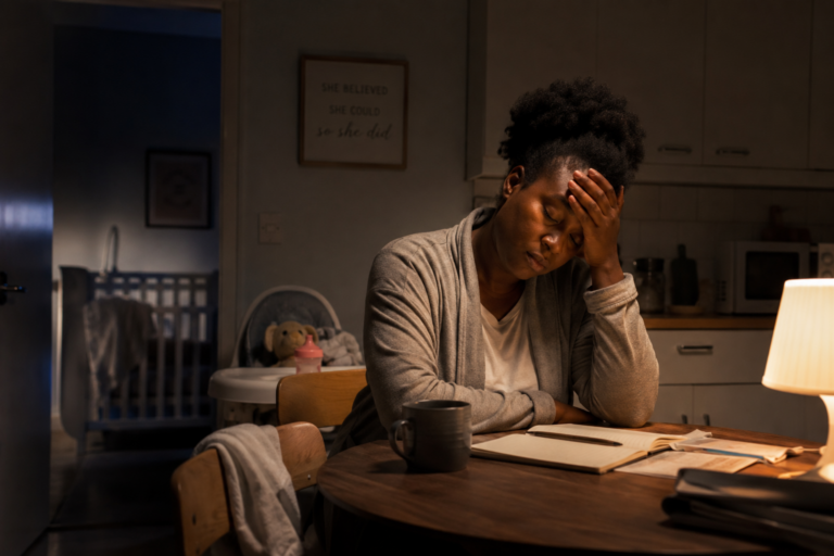 Caregiver showing quiet exhaustion, illustrating the emotional labor of caregiving