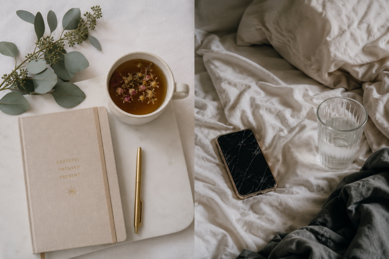 Aesthetic wellness culture flat lay contrasted with the messy reality of mental health struggles"