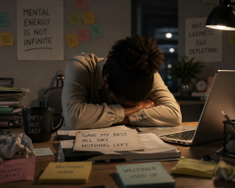 A person slumped over a desk in mental exhaustion representing ego depletion and burnout, not laziness