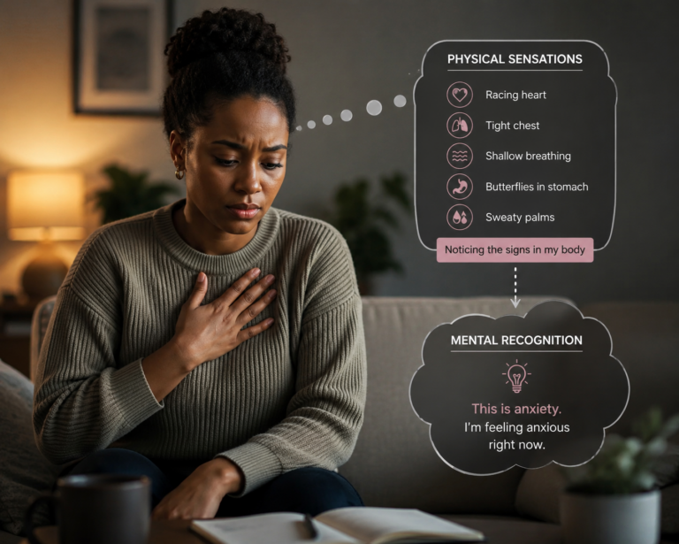 Person placing hand on chest noticing physical symptoms of anxiety before recognising the feeling mentally
