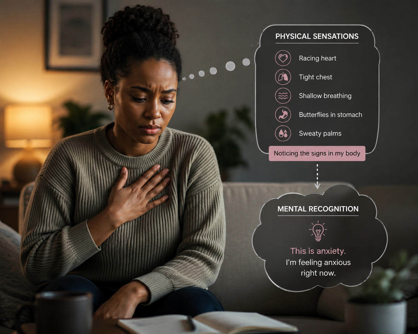 Person placing hand on chest noticing physical symptoms of anxiety before recognising the feeling mentally
