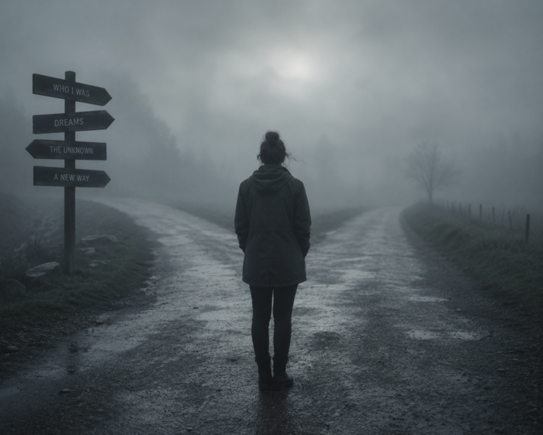 A person standing at a foggy crossroads representing an identity crisis after a major life change