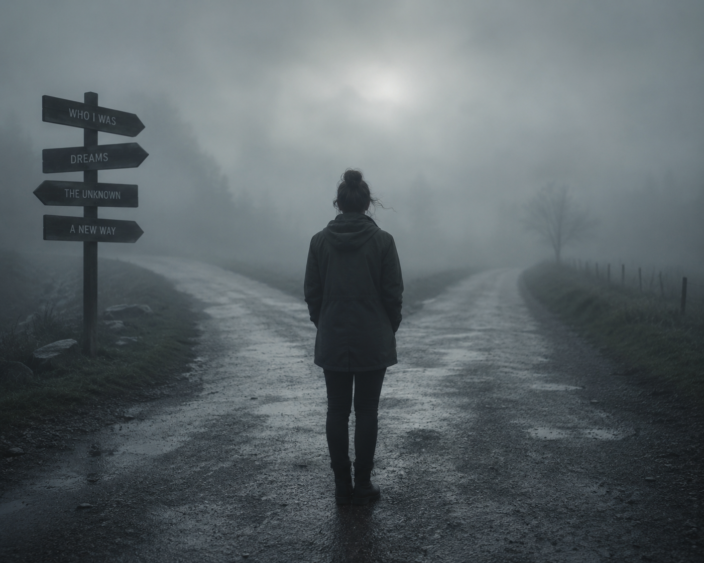 A person standing at a foggy crossroads representing an identity crisis after a major life change