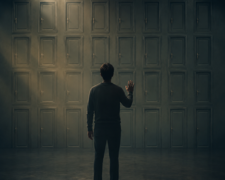 Person hesitating between options, illustrating decision fatigue and overthinking