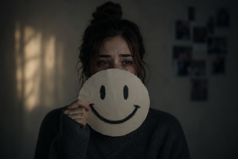 A person hiding behind a painted smile representing toxic positivity and the suppression of genuine emotional validation