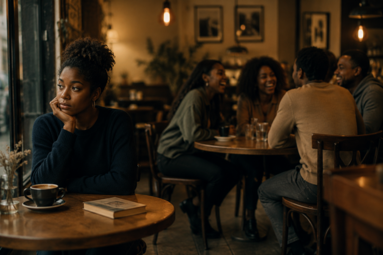 Woman feeling lonely with friends while sitting quietly beside a laughing group