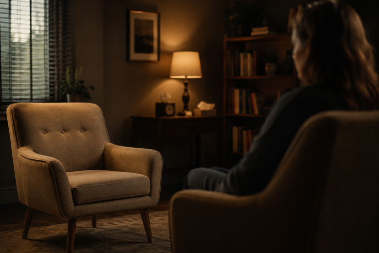 Person sitting in therapy chair facing a difficult hard truth in therapy session