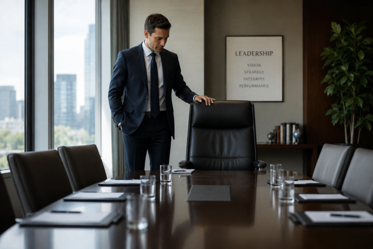 Newly promoted professional experiencing imposter syndrome after promotion in a boardroom