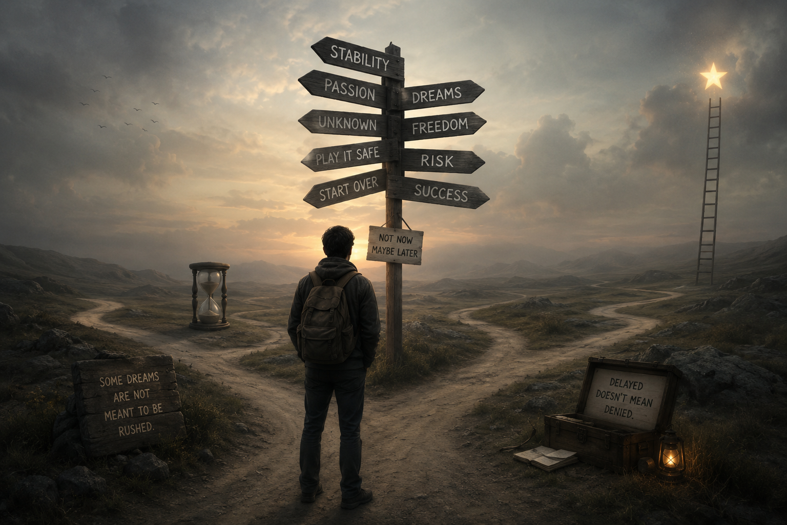Person standing at a crossroads reflecting on delayed dreams and life timelines while facing uncertainty about the future