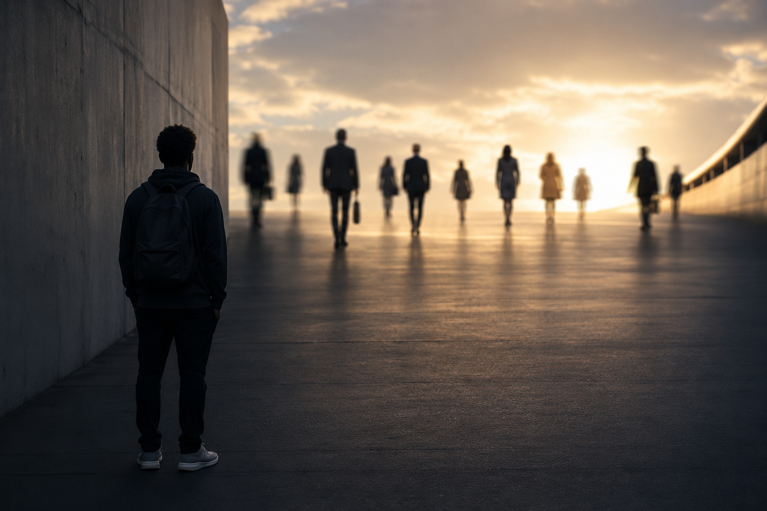 Black person feeling left behind in life while watching others move ahead toward success and personal milestones