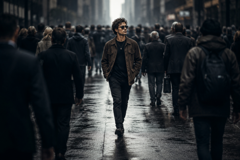 Person walking confidently against a crowd representing the courage to be misunderstood and live authentically without approval