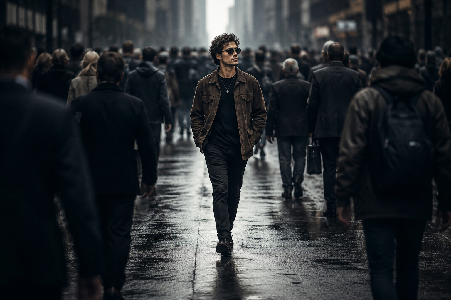 Person walking confidently against a crowd representing the courage to be misunderstood and live authentically without approval