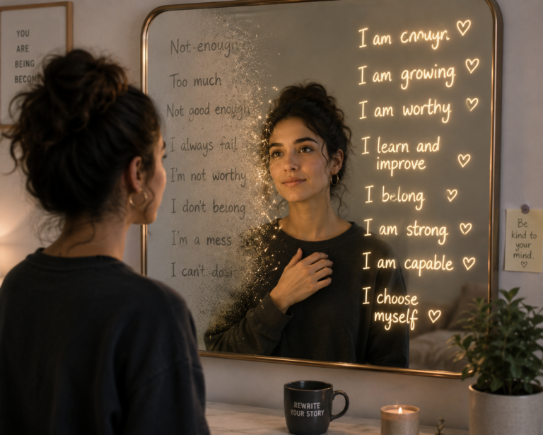 Person confronting negative self-talk patterns while transforming their inner critic into a healthier self-narrative