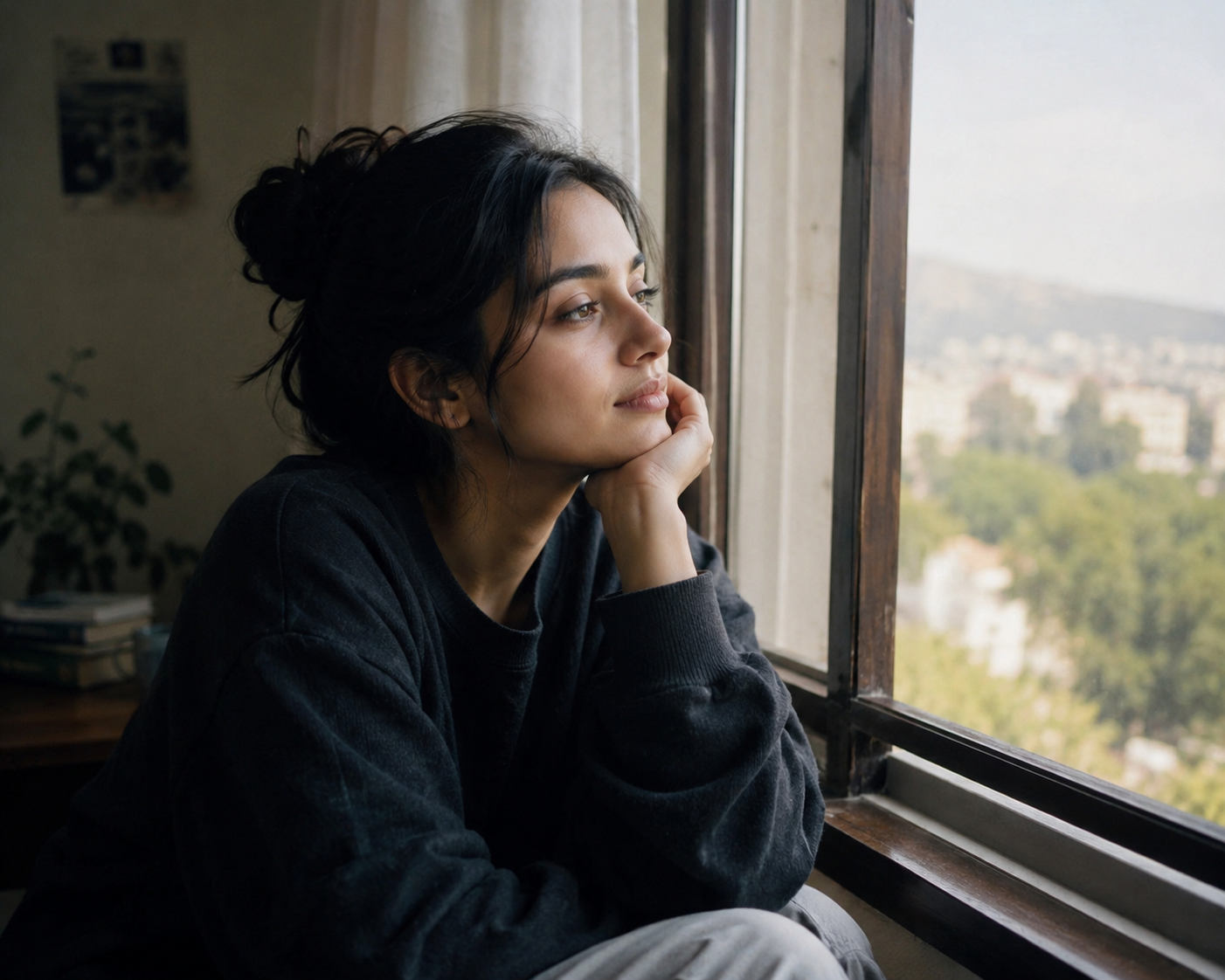 A person recovering from emotional exhaustion after a draining conversation, sitting quietly by a window in soft light