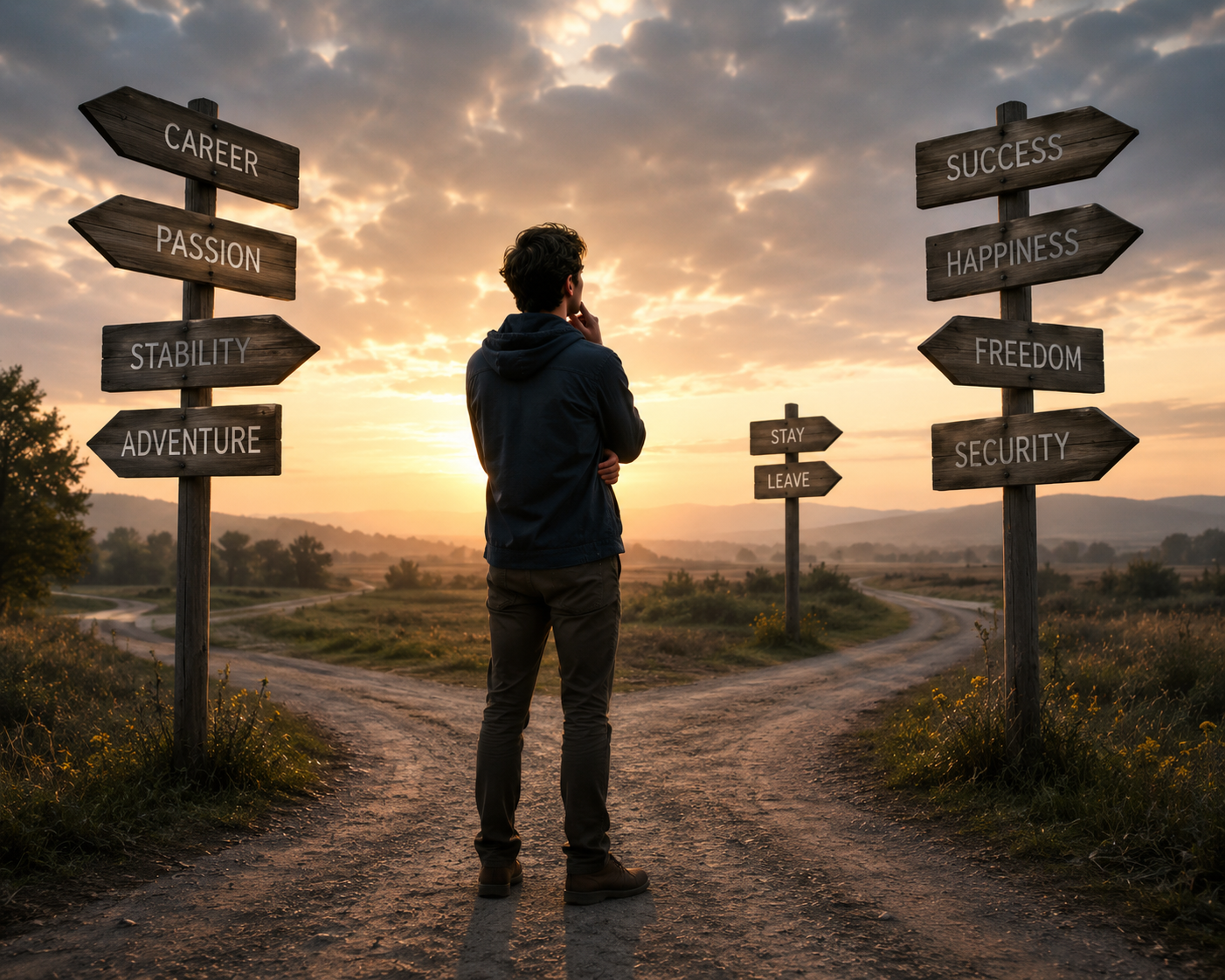 Person standing at a crossroads representing the pressure to figure out life and uncertainty about the future.