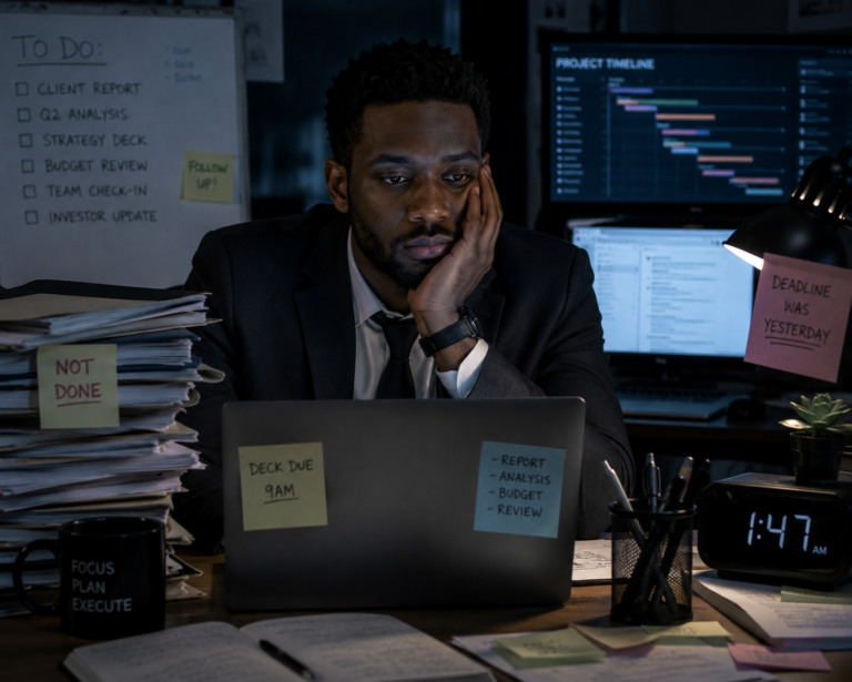 Person experiencing toxic productivity psychology while overwhelmed by work and emotional exhaustion