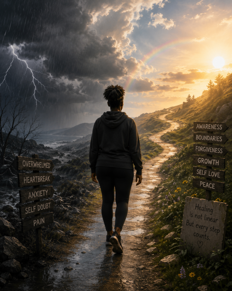 Person walking on a winding road symbolizing a non linear healing journey and emotional growth