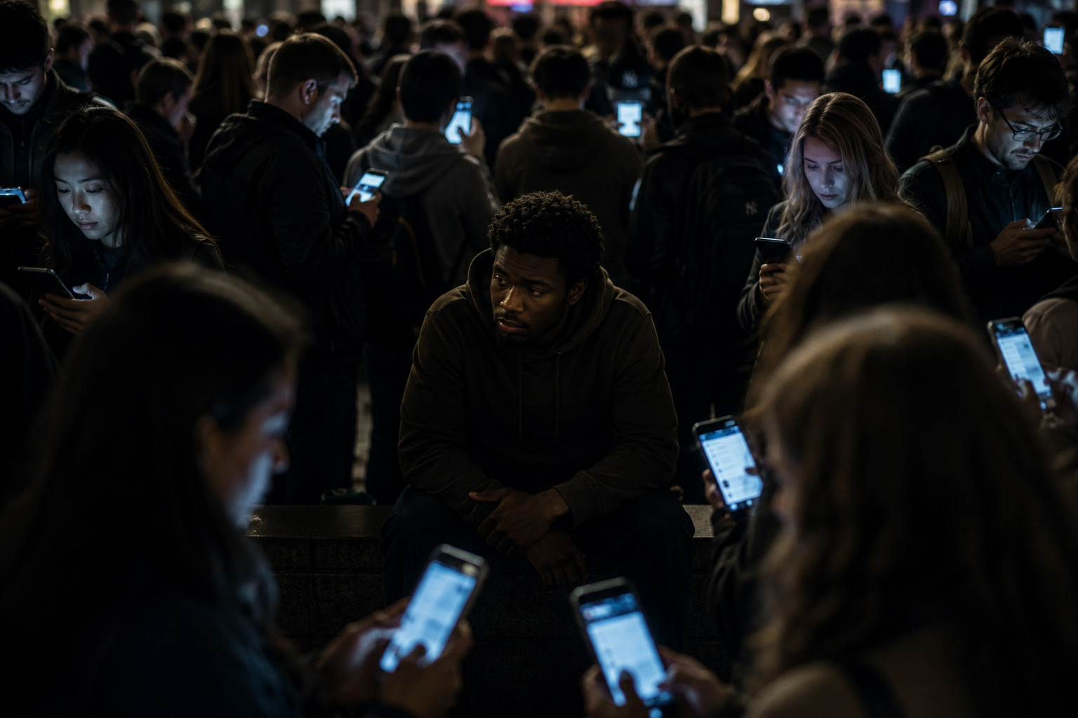 Person experiencing emotional loneliness in modern life despite being surrounded by digital connection