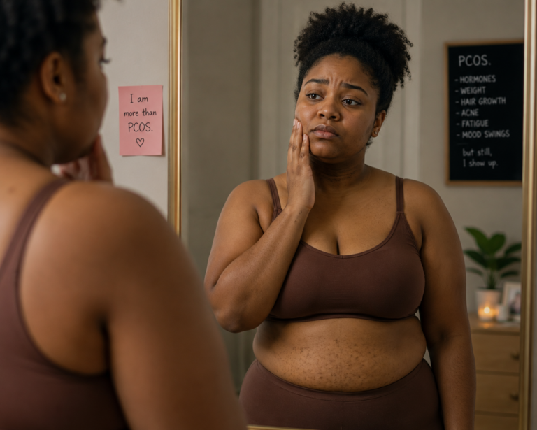 Woman struggling with body image and self-esteem due to PCOS
