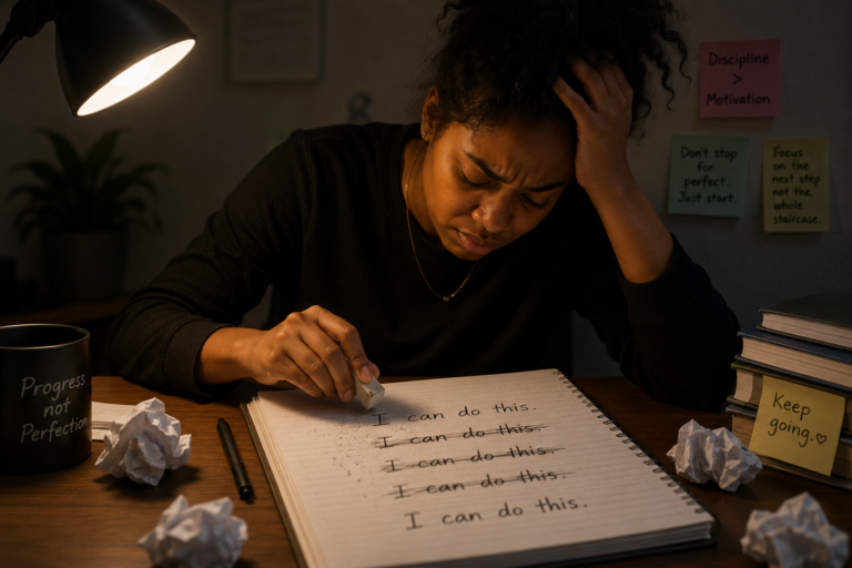 Person rewriting work repeatedly, illustrating the perfectionism and anxiety connection