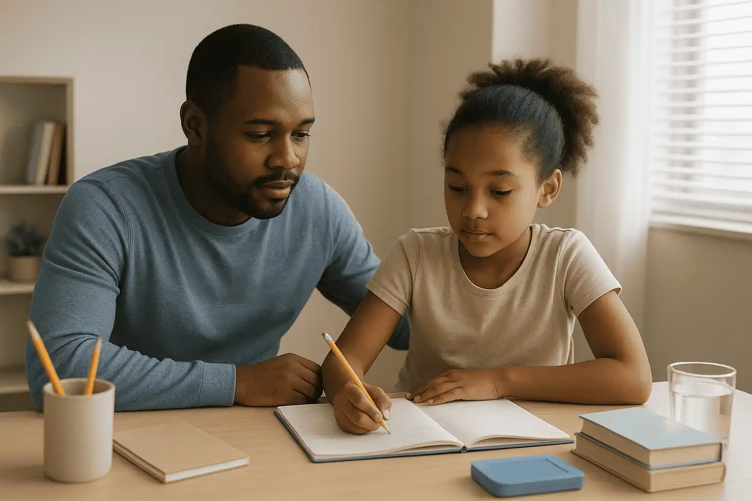 Helping Kids Thrive: Parent and child calmly working together on homework at a bright desk