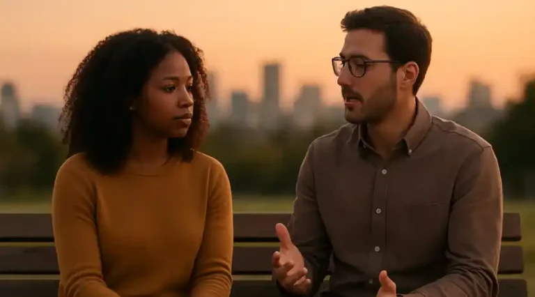 Mental Health Stigma: Two people on a bench at dusk—one listening attentively to another, symbolizing breaking silence around suicide and mental health stigma