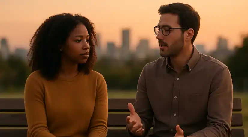 Mental Health Stigma: Two people on a bench at dusk—one listening attentively to another, symbolizing breaking silence around suicide and mental health stigma