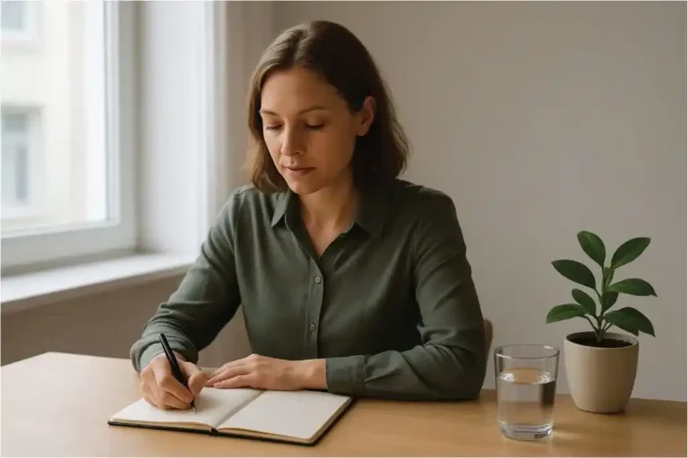 Person practicing stress management at a bright desk with notebook and plant.