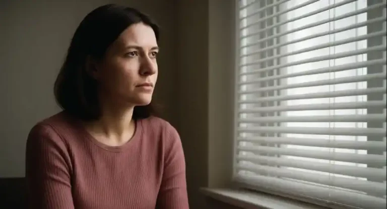 Trauma Bonding In Abusive Marriage: Person sitting by window, reflecting after leaving an abusive marriage