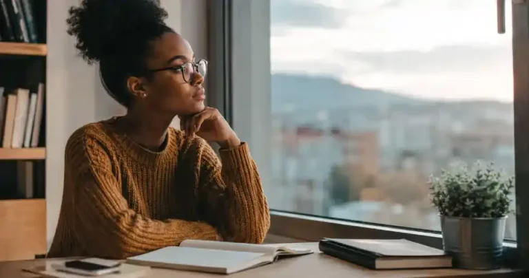 Trauma: Person sitting calmly by a window, reflecting during trauma recovery