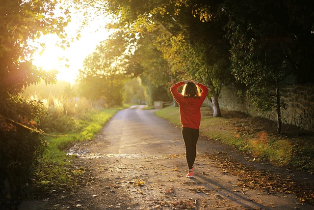 A person walking toward sunrise on an empty road